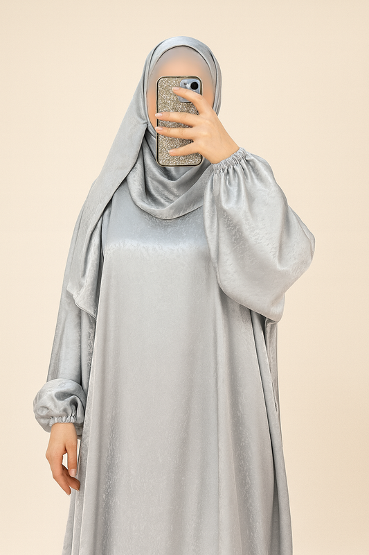 Nayla Floral Print Satin Isdal – Jacquard Satin Prayer Dress with Attached Hijab