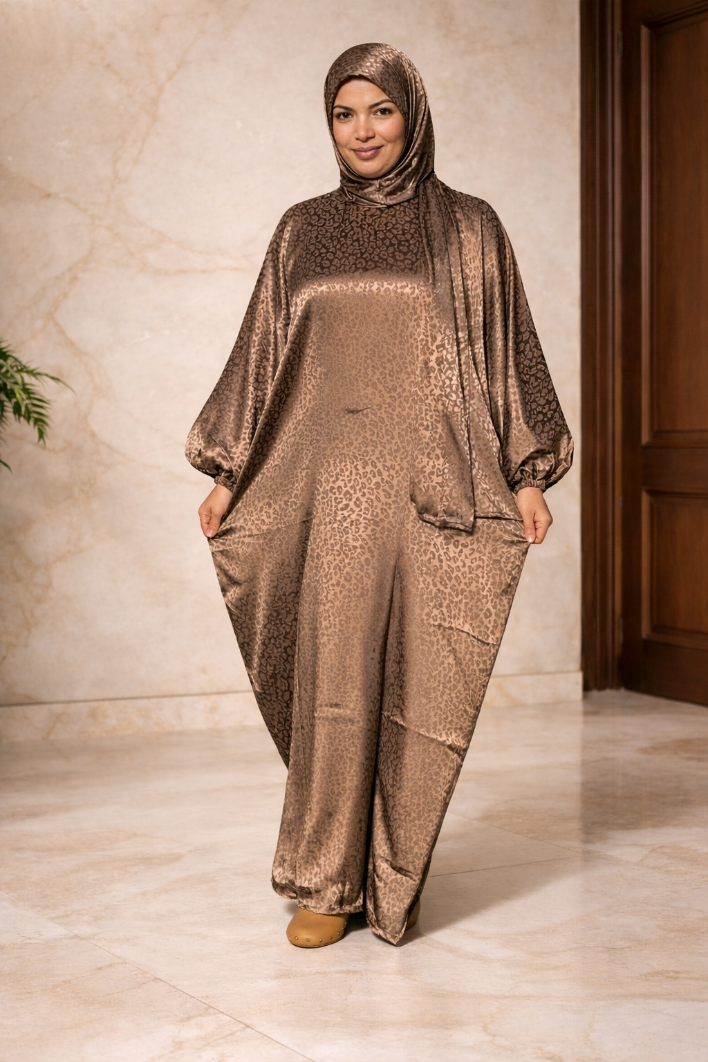 Farida Satin Prayer Dress - Full Length Slip-On Coverage, Modest Prayer Dress with Scarf