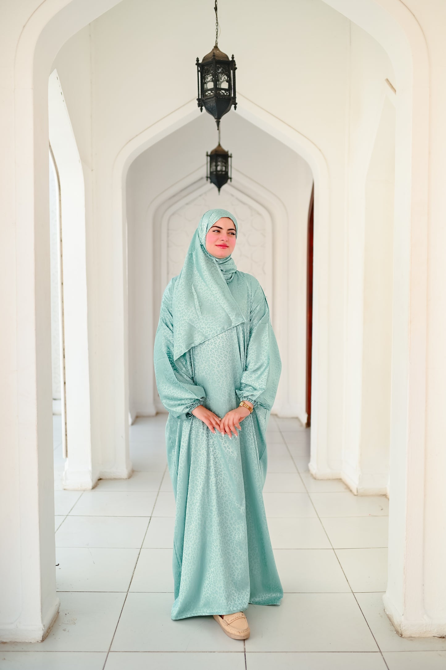 Farida Satin Prayer Dress - Luxury Full-Length Isdal, Modest Prayer Dress with Scarf