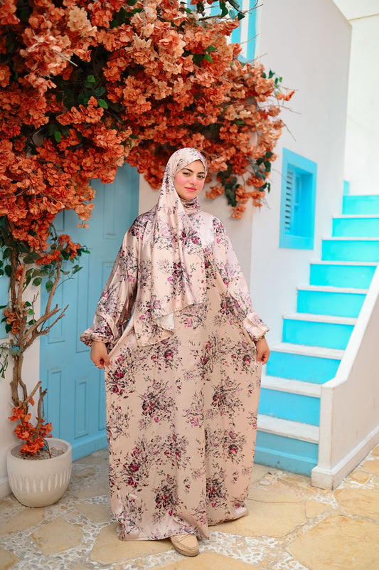 Zahra Floral Satin Isdal – Elegant Full Length Slip-On Coverage Dress