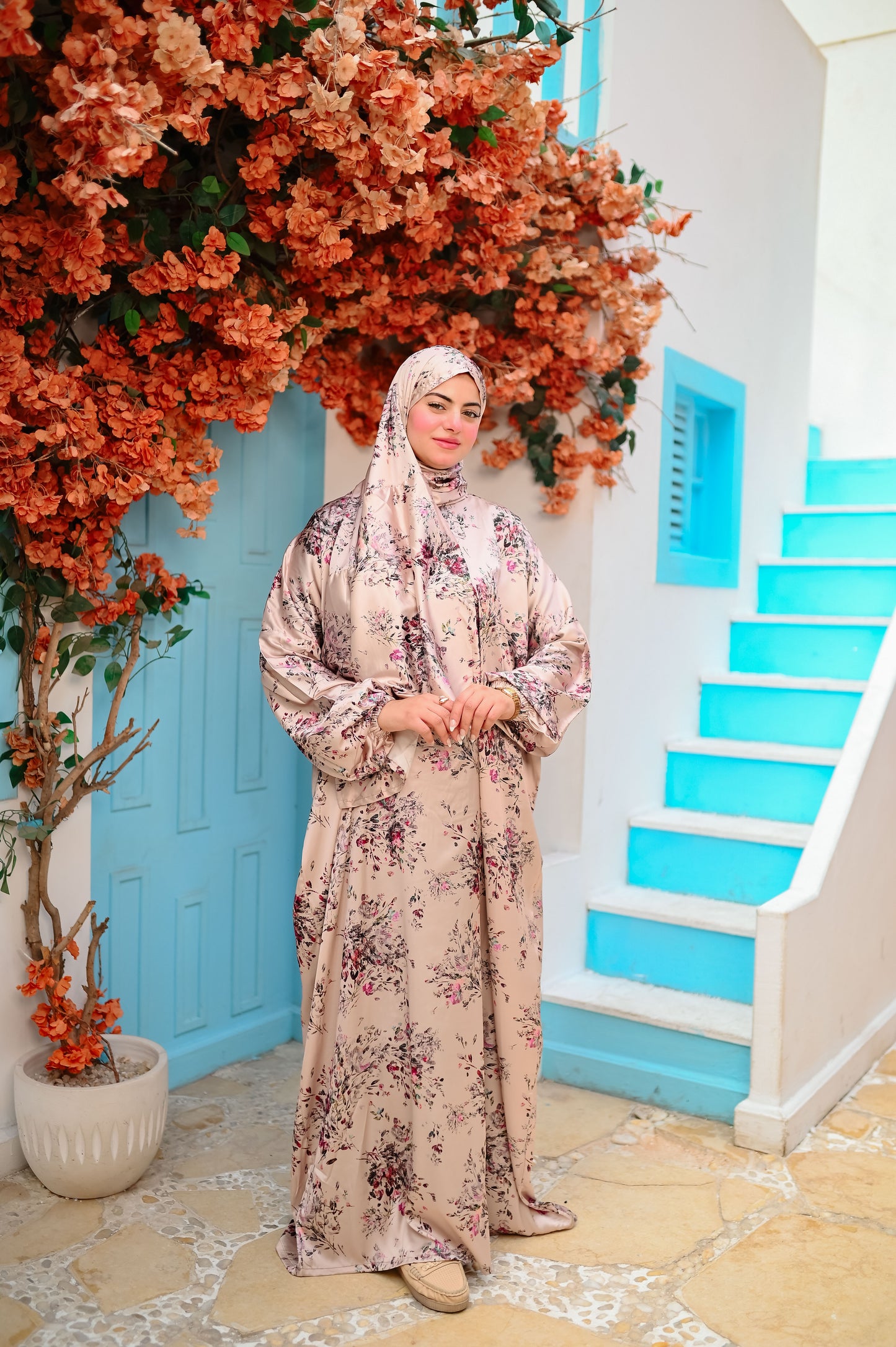 Zahra Floral Satin Isdal – Elegant Full Length Slip-On Coverage Dress
