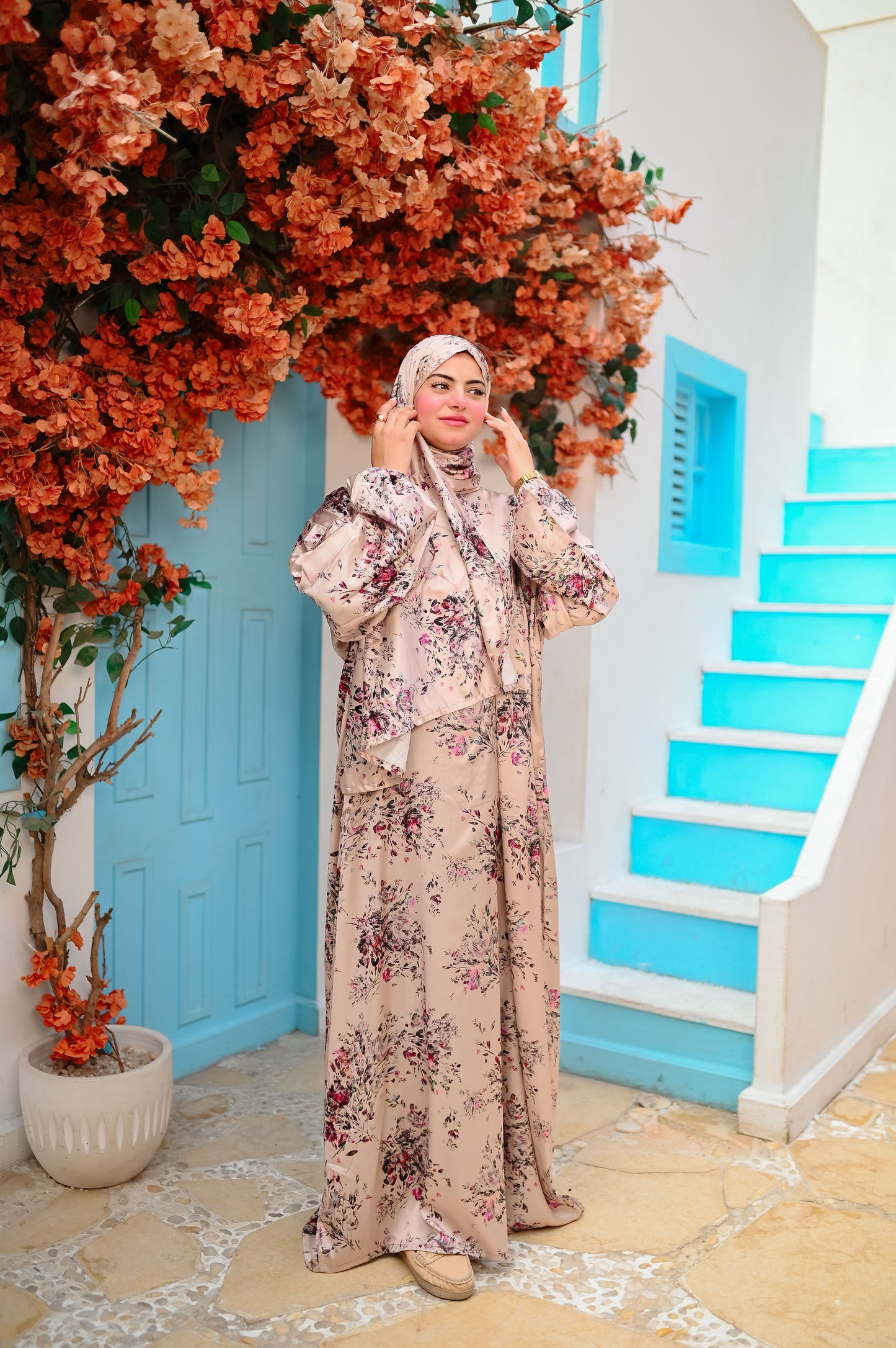 Zahra Floral Satin Isdal – Elegant Full Length Slip-On Coverage Dress