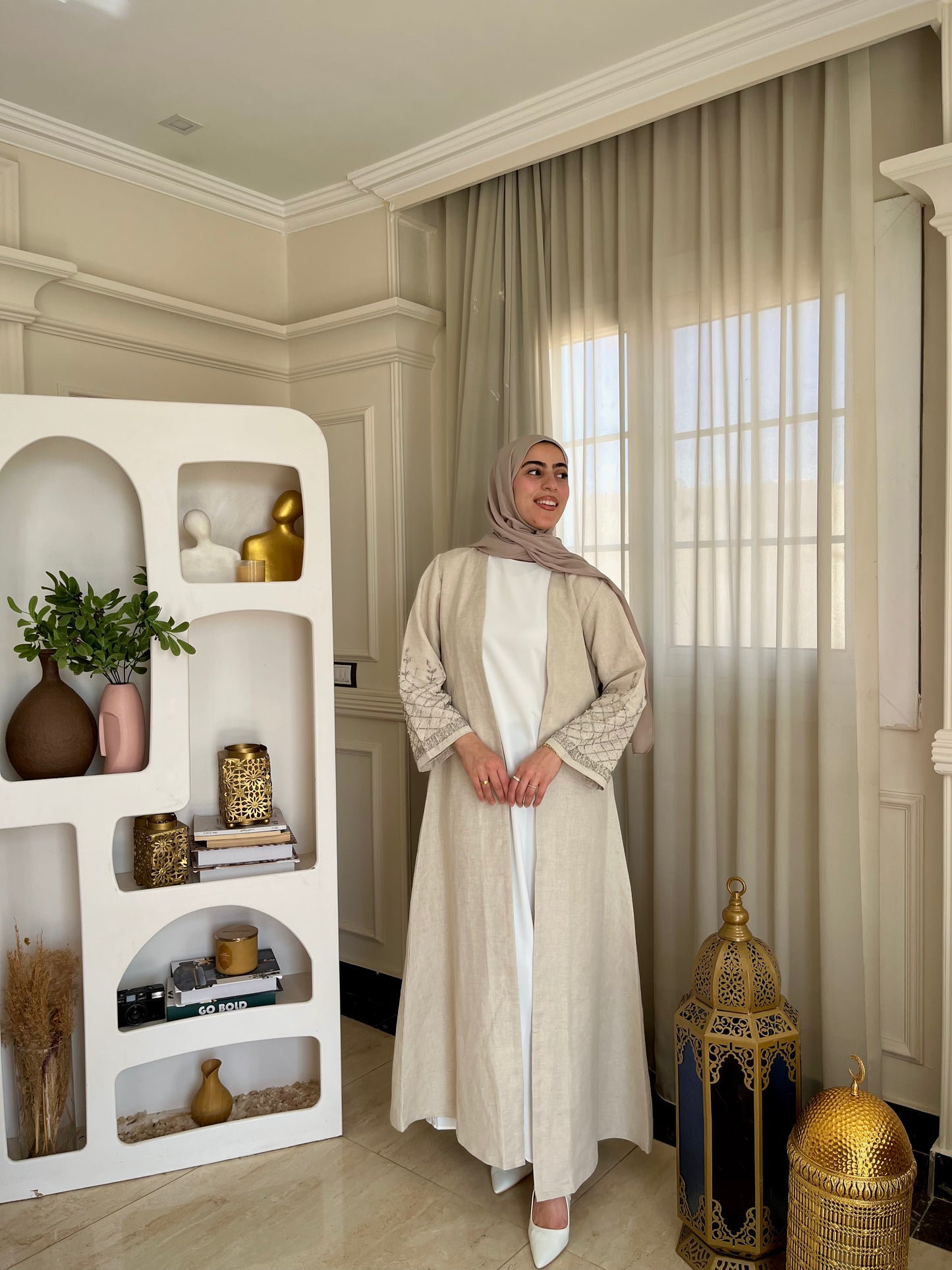 Cleopatra Linen Abaya Set – Luxury Pure Linen Abaya with Inner Dress & Chiffon Hijab
