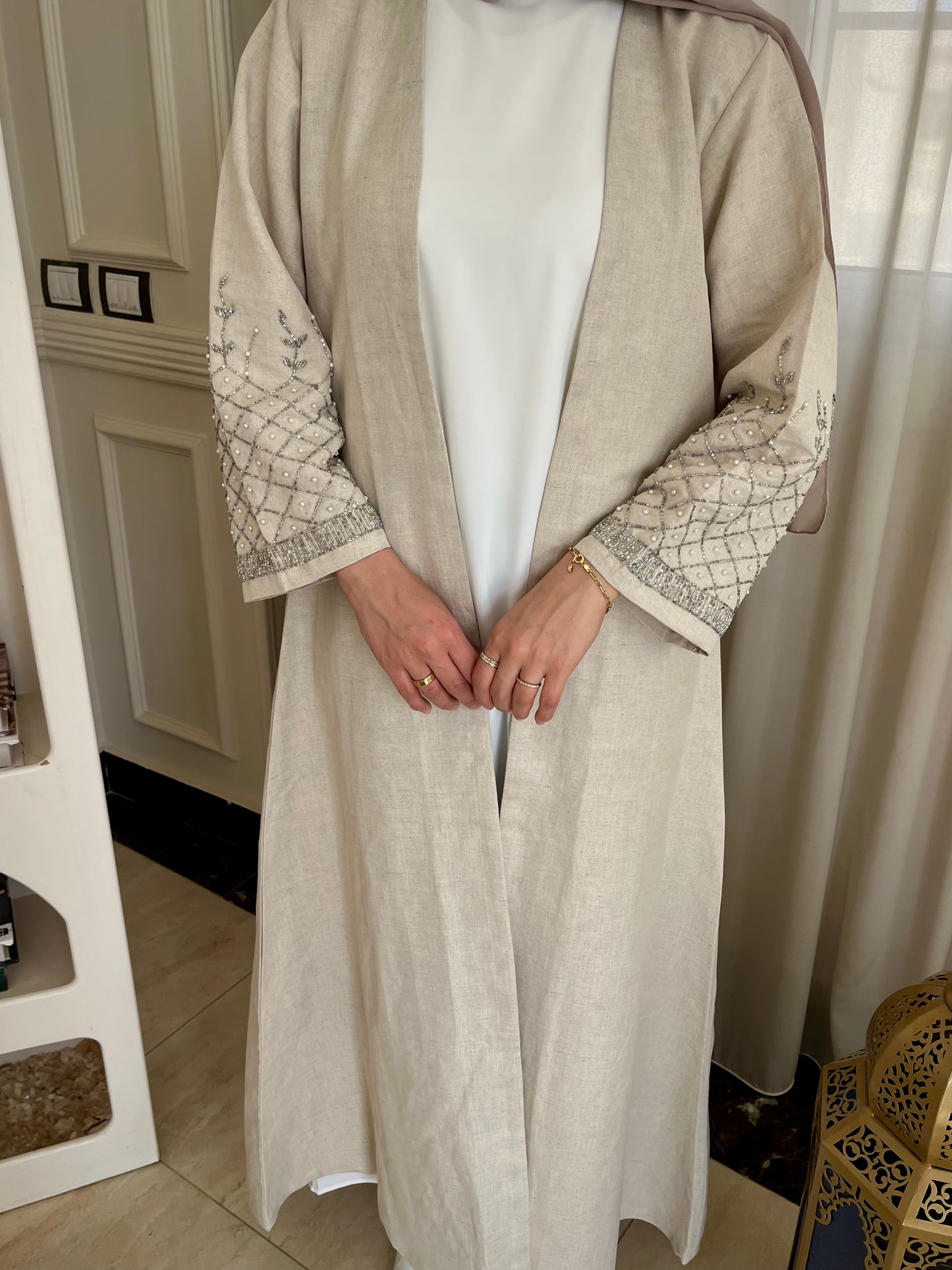 Cleopatra Linen Abaya Set – Luxury Pure Linen Abaya with Inner Dress & Chiffon Hijab