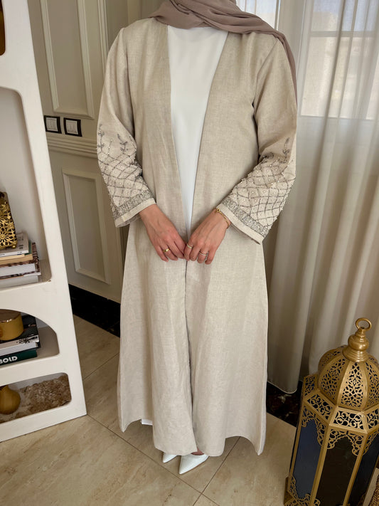 Cleopatra Linen Abaya Set – Luxury Pure Linen Abaya with Inner Dress & Chiffon Hijab