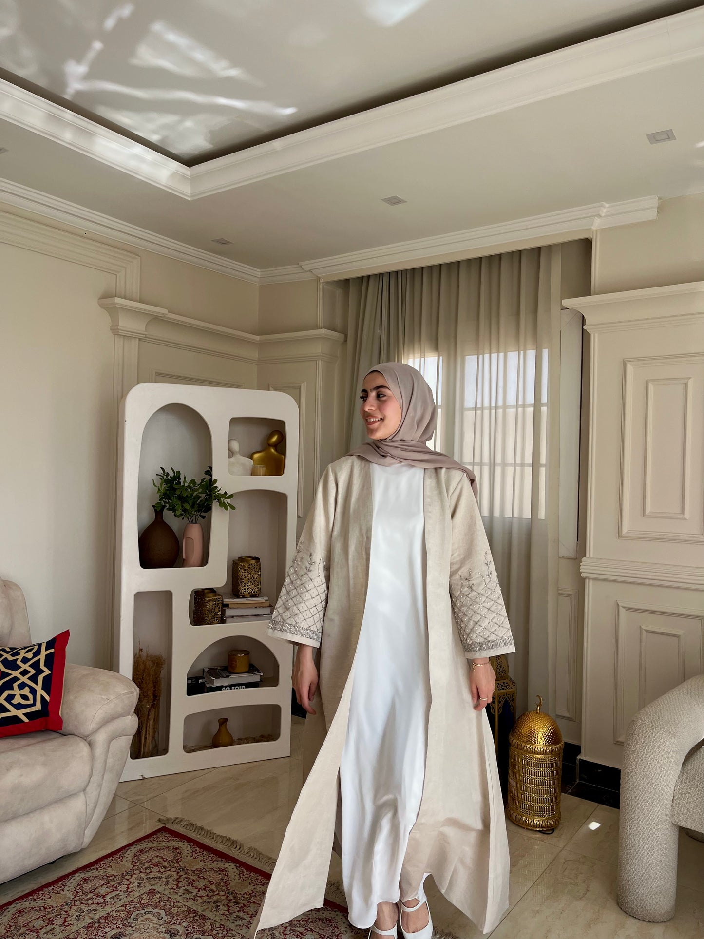 Cleopatra Linen Abaya Set – Luxury Pure Linen Abaya with Inner Dress & Chiffon Hijab