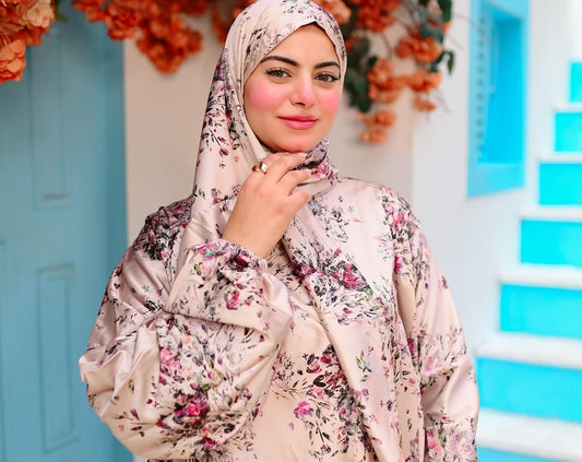 Zahra Floral Satin Isdal – Elegant Full-Length Modest Prayer Dress